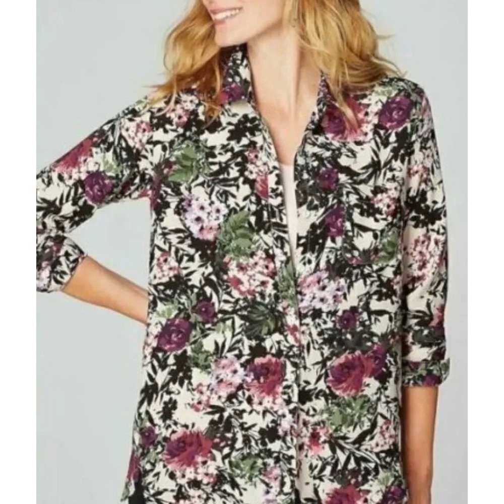 J. Jill Womens XL Floral Button Down Shirt Long Sleeve Purple Green Black